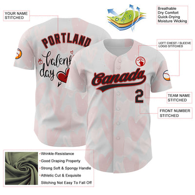 Custom White Red-Black 3D Love Heart Valentine's Day Authentic Baseball Jersey