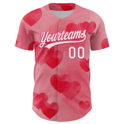 Custom Neon Pink White 3D Love Heart Valentine's Day Authentic Baseball Jersey