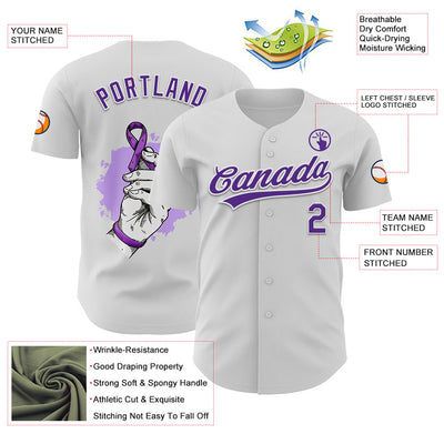 Custom White Purple 3D Pancreatic Cancer Ribbon Authentic Baseball Jersey