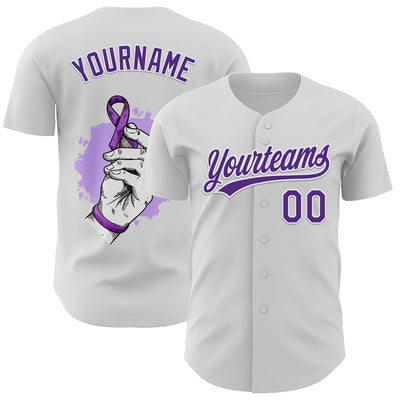 Custom White Purple 3D Pancreatic Cancer Ribbon Authentic Baseball Jersey