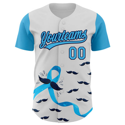 Custom White Sky Blue-Navy 3D Prostate Cancer Ribbon Authentic Baseball Jersey