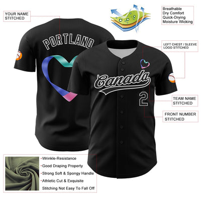 Custom Black White 3D Thyroid Cancer Ribbon Authentic Baseball Jersey