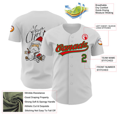 Custom White Fire Red-Grass Green 3D Funny Christmas Authentic Baseball Jersey