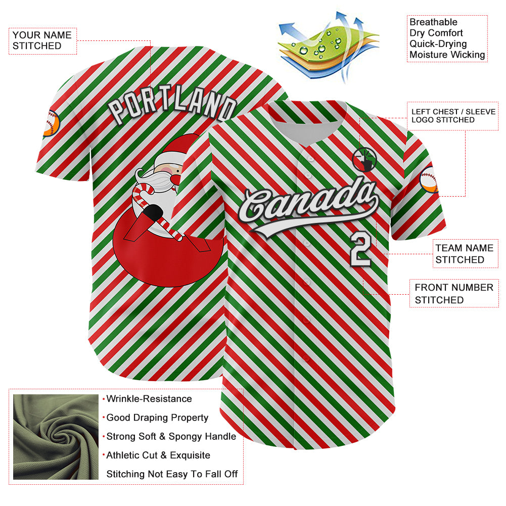 Custom White Black Red-Kelly Green 3D Funny Christmas Authentic Baseball Jersey