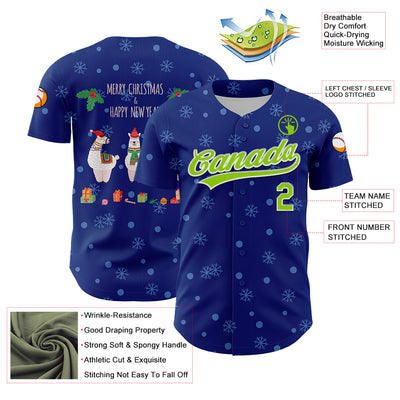 Custom Royal Neon Green-White 3D Funny Christmas Authentic Baseball Jersey