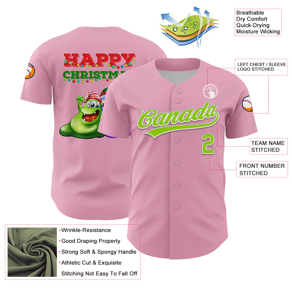 Custom Light Pink Neon Green Red-Kelly Green 3D Funny Christmas Authentic Baseball Jersey