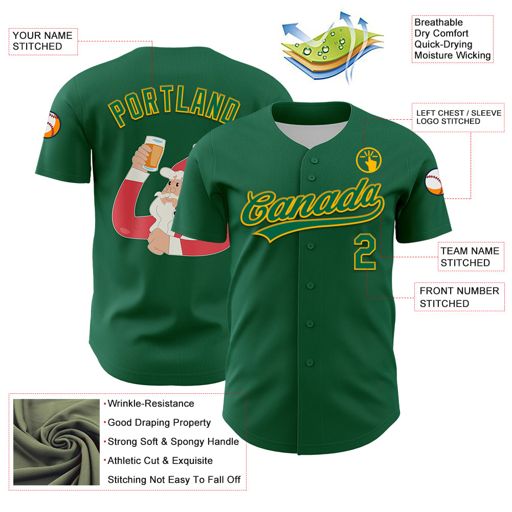 Custom Kelly Green Gold 3D Funny Christmas Authentic Baseball Jersey