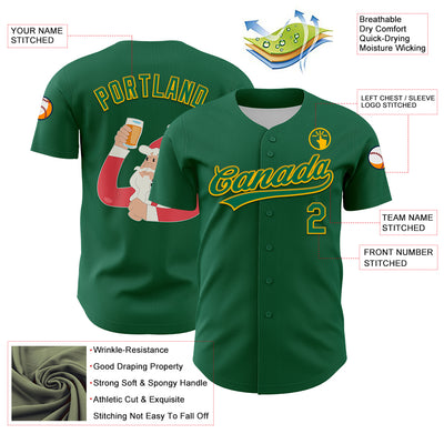 Custom Kelly Green Gold 3D Funny Christmas Authentic Baseball Jersey