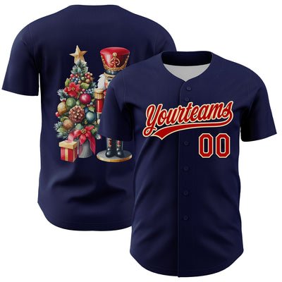 Custom Navy Red-Cream 3D Funny Christmas Authentic Baseball Jersey