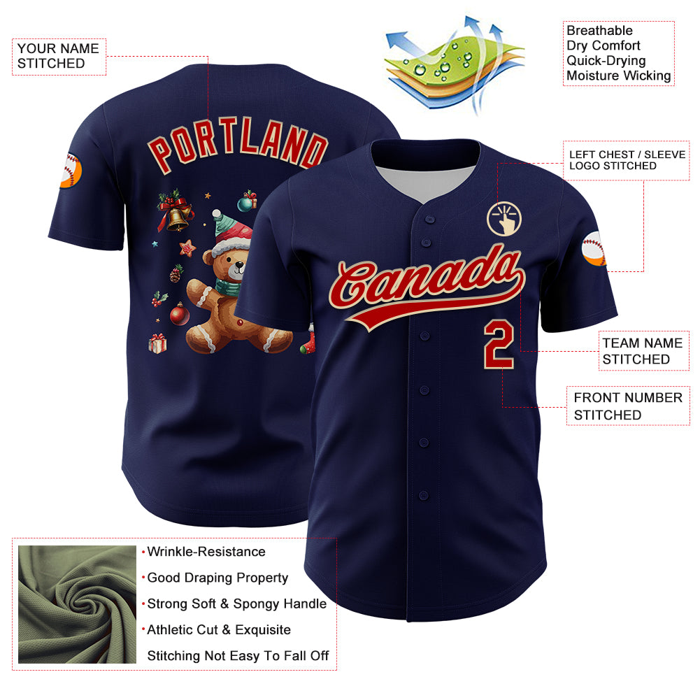 Custom Navy Red-Cream 3D Funny Christmas Authentic Baseball Jersey