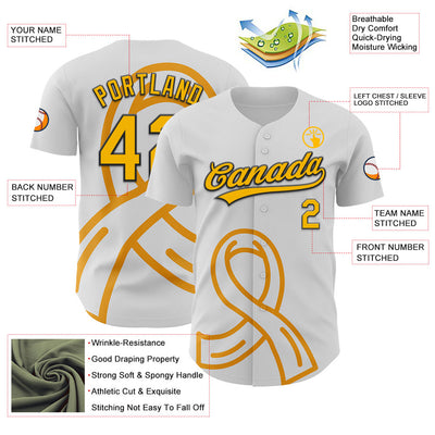 Custom White Gold-Black 3D Appendix Cancer Ribbon Authentic Baseball Jersey