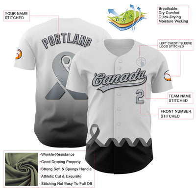 Custom White Gray-Black 3D Brain Cancer Ribbon Authentic Baseball Jersey