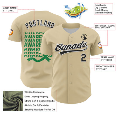 Custom Cream Black-Kelly Green 3D Gallbladder And Bile Duct Cancer Ribbon Authentic Baseball Jersey