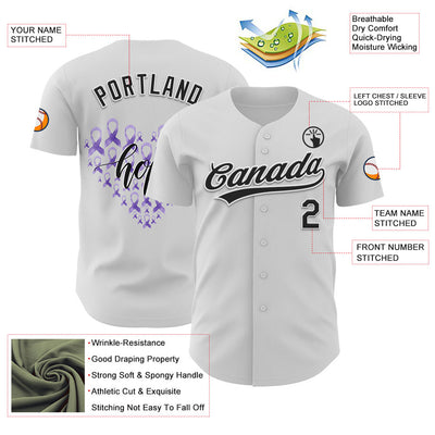 Custom White Black-Purple 3D Gastric Cancer Ribbon Authentic Baseball Jersey