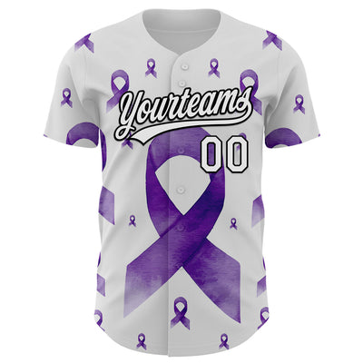 Custom White Purple-Black 3D Gynecological Cancer Ribbon Authentic Baseball Jersey