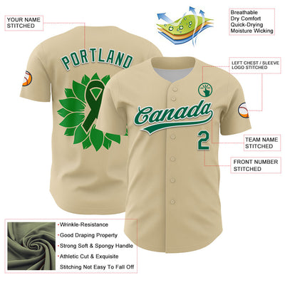 Custom Cream Kelly Green-White 3D Liver Cancer Ribbon Authentic Baseball Jersey