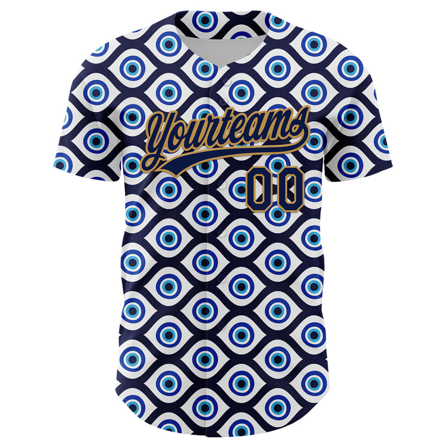 Custom White Navy-Old Gold 3D Pattern Design Evil Eyes Authentic Baseball Jersey