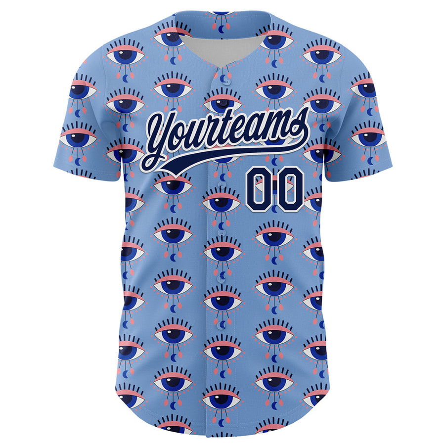 Custom Light Blue Navy-White 3D Pattern Design Evil Eyes Authentic Baseball Jersey