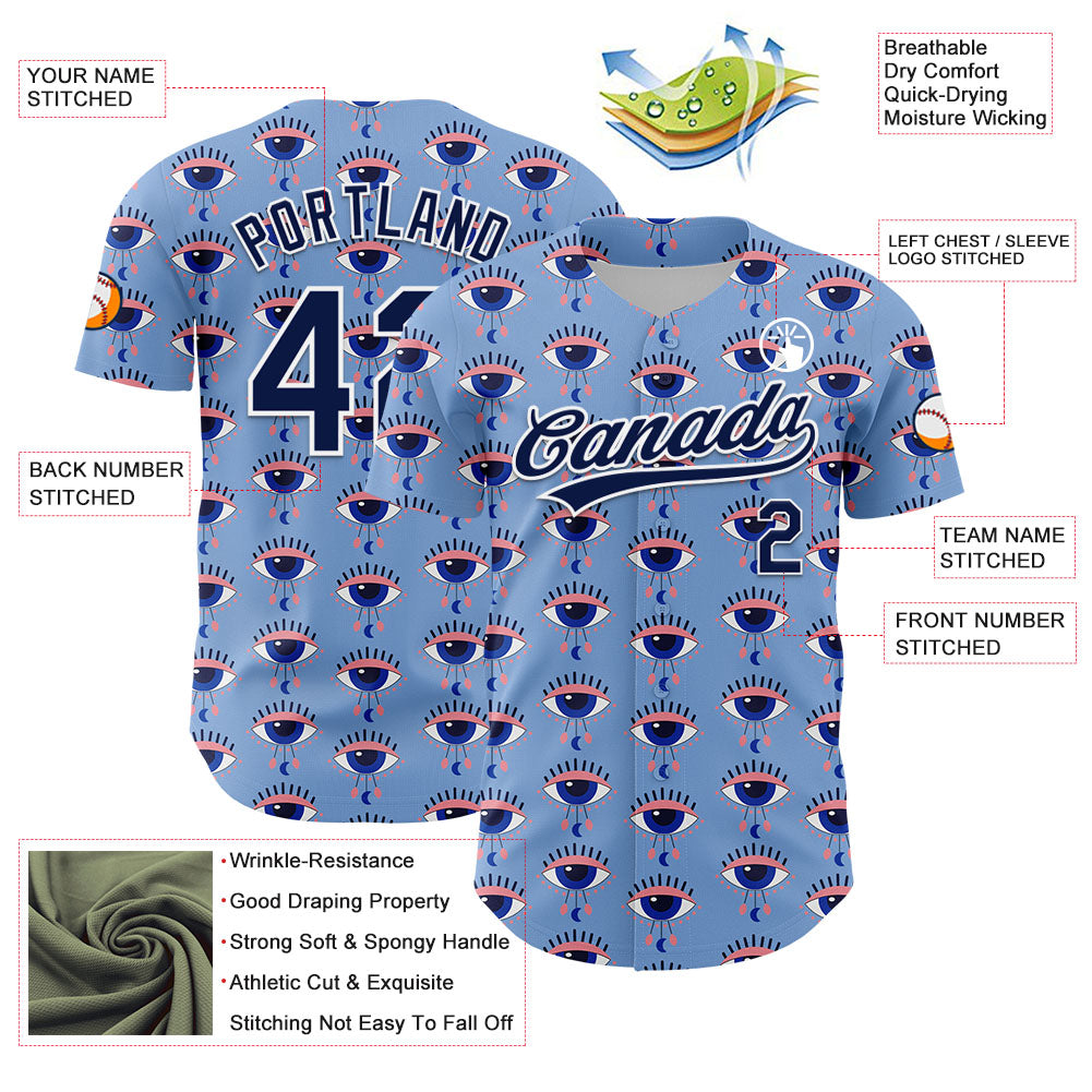 Custom Light Blue Navy-White 3D Pattern Design Evil Eyes Authentic Baseball Jersey