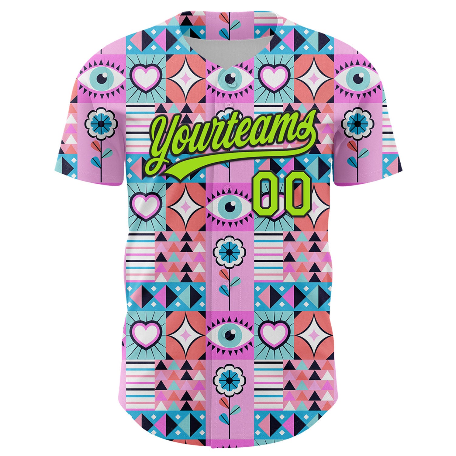 Custom Pink Neon Green-Black 3D Pattern Design Evil Eyes Authentic Baseball Jersey