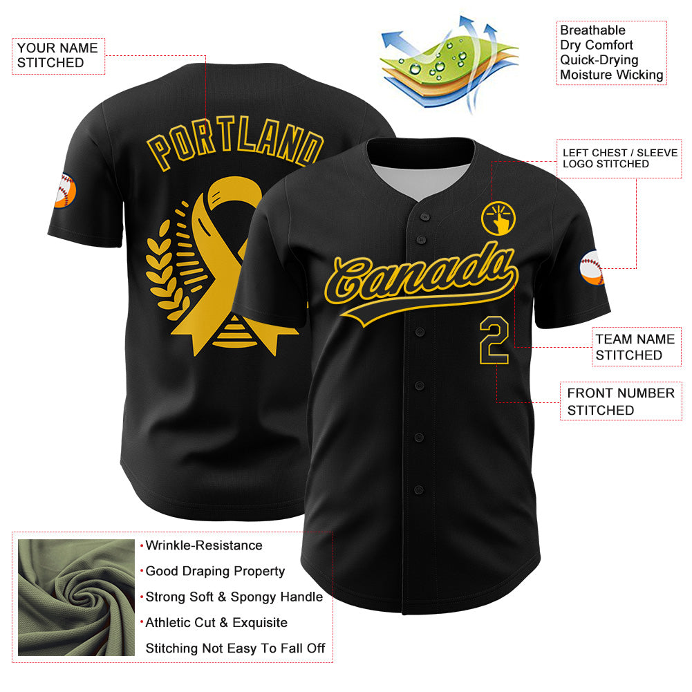 Custom Black Yellow 3D Childhood Cancer Gold Ribbon Authentic Baseball Jersey