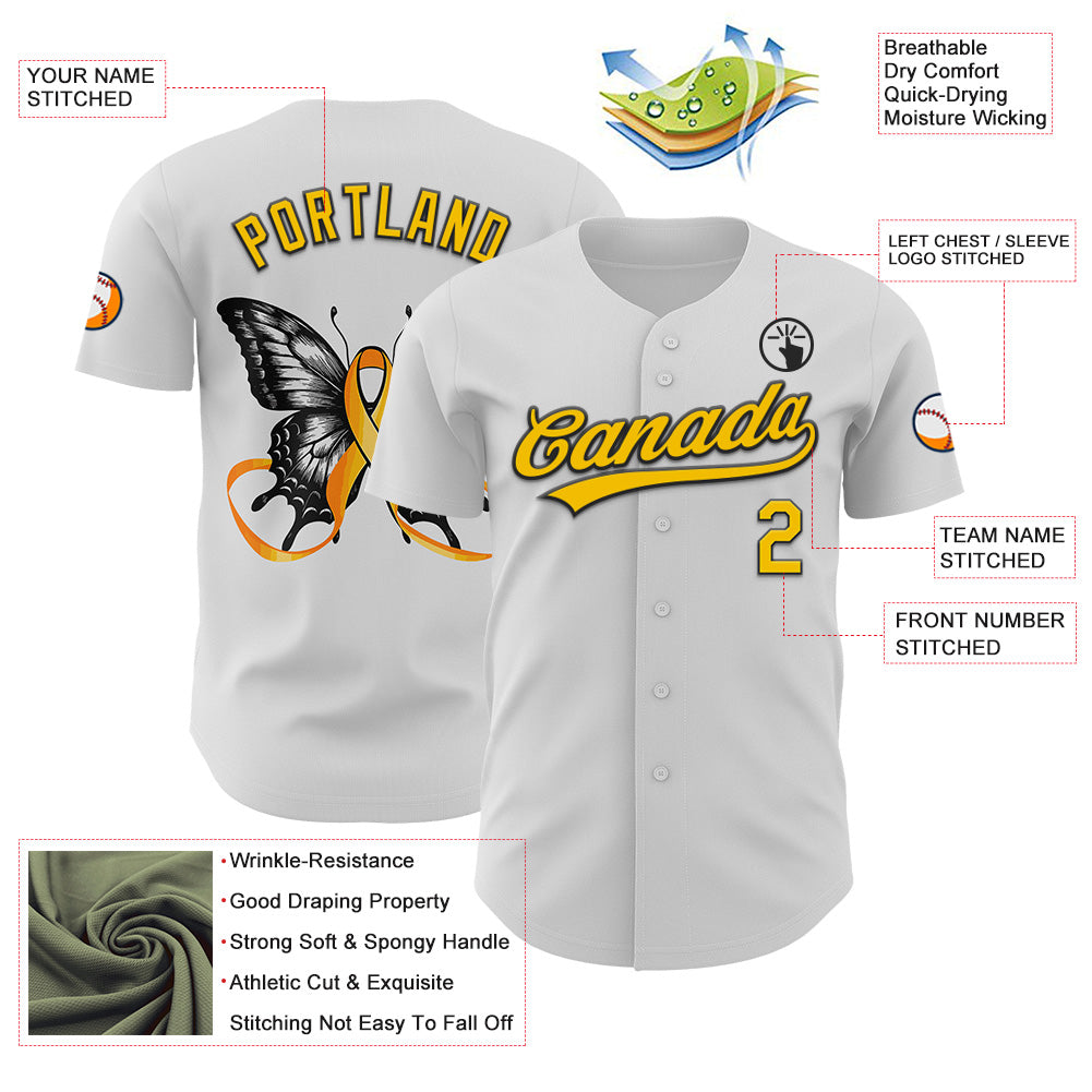 Custom White Yellow-Black 3D Childhood Cancer Gold Ribbon Authentic Baseball Jersey