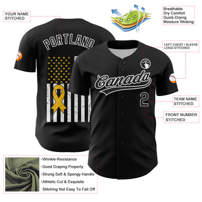 Custom Black White-Yellow 3D Childhood Cancer Gold Ribbon American Flag Authentic Baseball Jersey