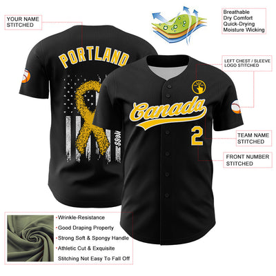 Custom Black Yellow-White 3D Childhood Cancer Gold Ribbon American Flag Authentic Baseball Jersey