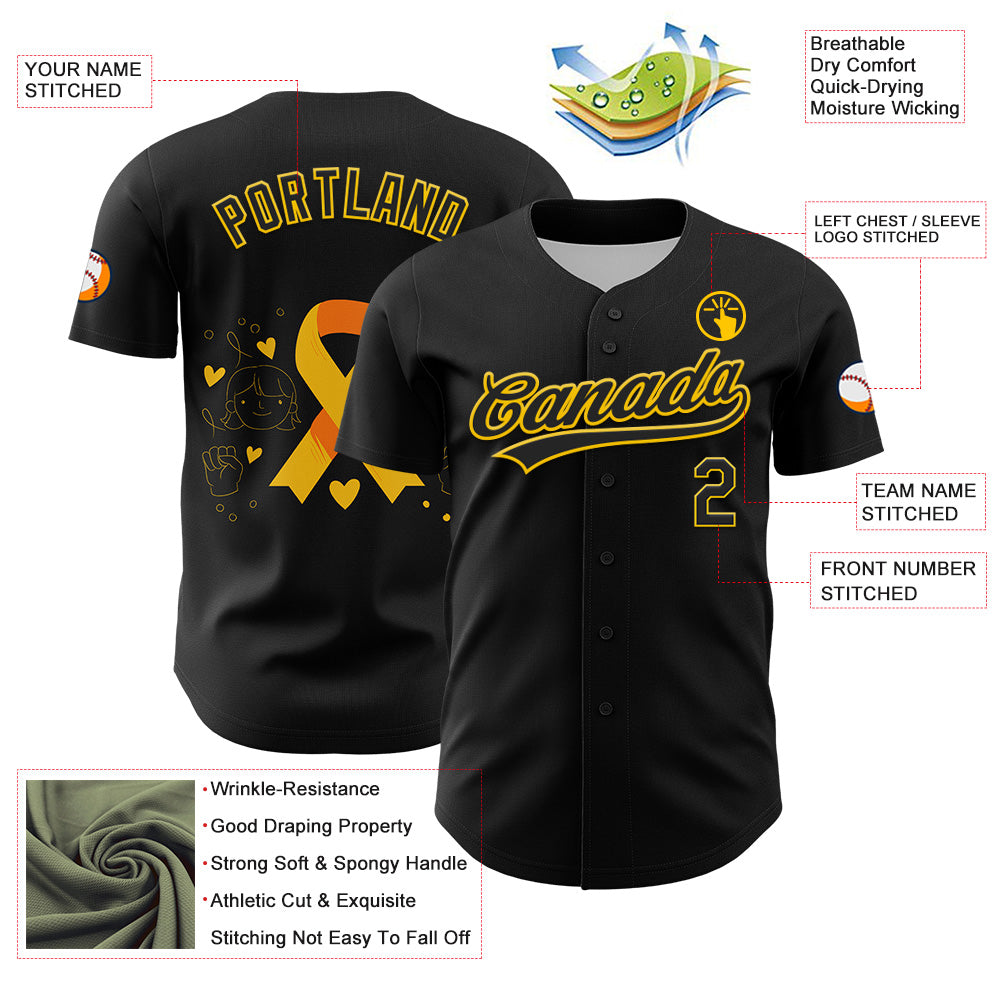 Custom Black Yellow 3D Childhood Cancer Gold Ribbon Authentic Baseball Jersey