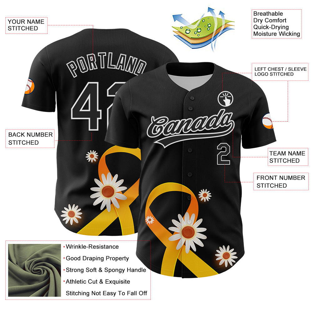 Custom Black Yellow-White 3D Childhood Cancer Gold Ribbon Authentic Baseball Jersey