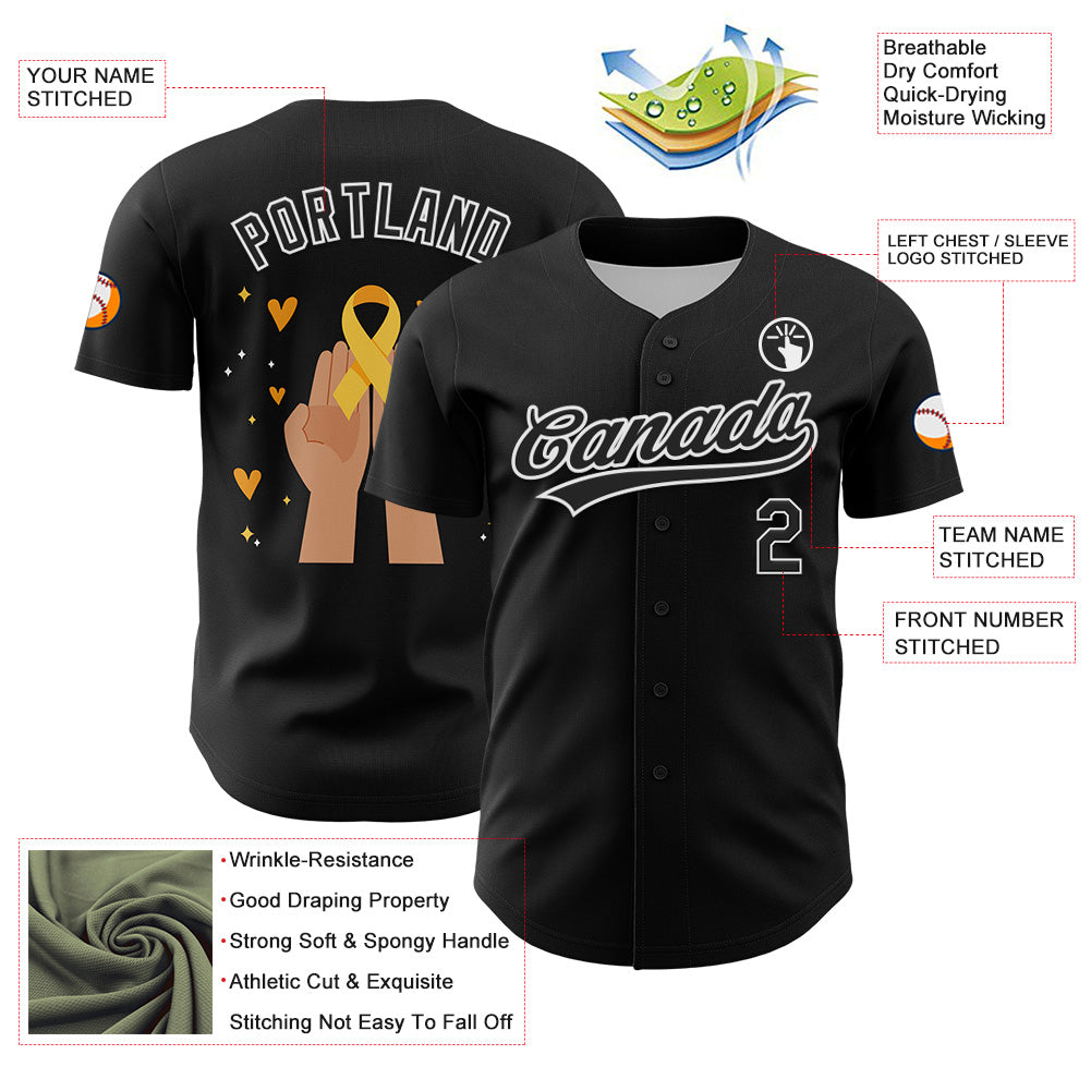 Custom Black Yellow-White 3D Childhood Cancer Gold Ribbon Authentic Baseball Jersey