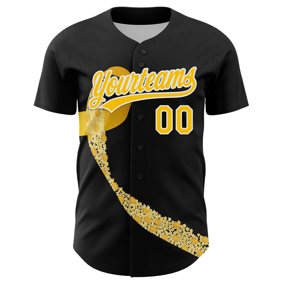 Custom Black Yellow-White 3D Childhood Cancer Gold Ribbon Authentic Baseball Jersey