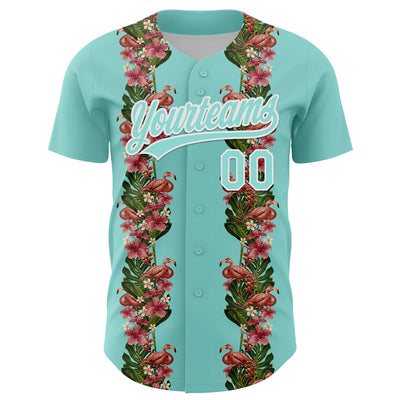 Custom Ice Blue White 3D Tropical Hawaii Plant And Flamingo Authentic Baseball Jersey