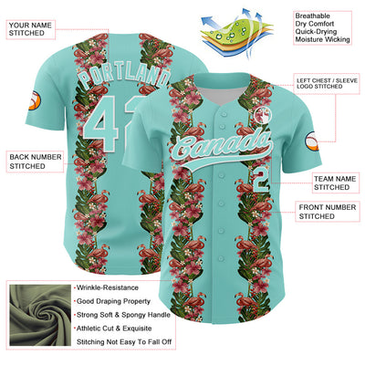 Custom Ice Blue White 3D Tropical Hawaii Plant And Flamingo Authentic Baseball Jersey