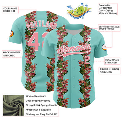 Custom Ice Blue Medium Pink-White 3D Tropical Hawaii Plant And Flamingo Authentic Baseball Jersey