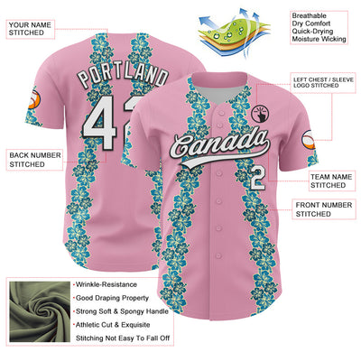 Custom Light Pink White-Black 3D Tropical Hawaii Flower Authentic Baseball Jersey