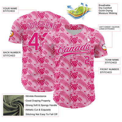 Custom Hot Pink White 3D Tropical Hawaii Jungle Leaves And Flower Authentic Baseball Jersey