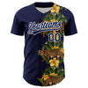 Custom Navy White 3D Tropical Hawaii Jungle Plant And Leopard Authentic Baseball Jersey