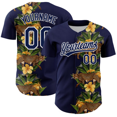 Custom Navy White 3D Tropical Hawaii Jungle Plant And Leopard Authentic Baseball Jersey