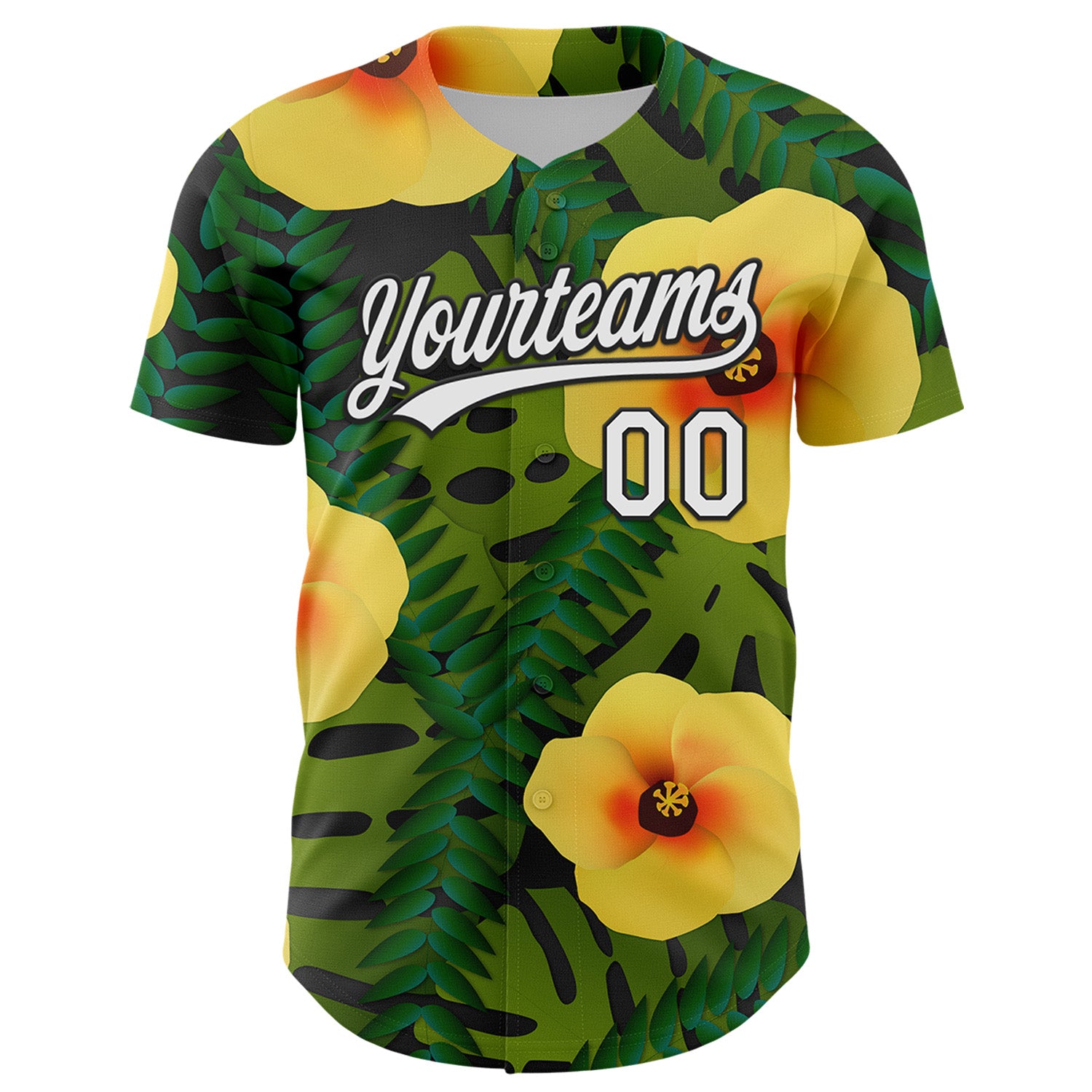 Custom Green White-Black 3D Tropical Hawaii Jungle Leaves And Flower Authentic Baseball Jersey