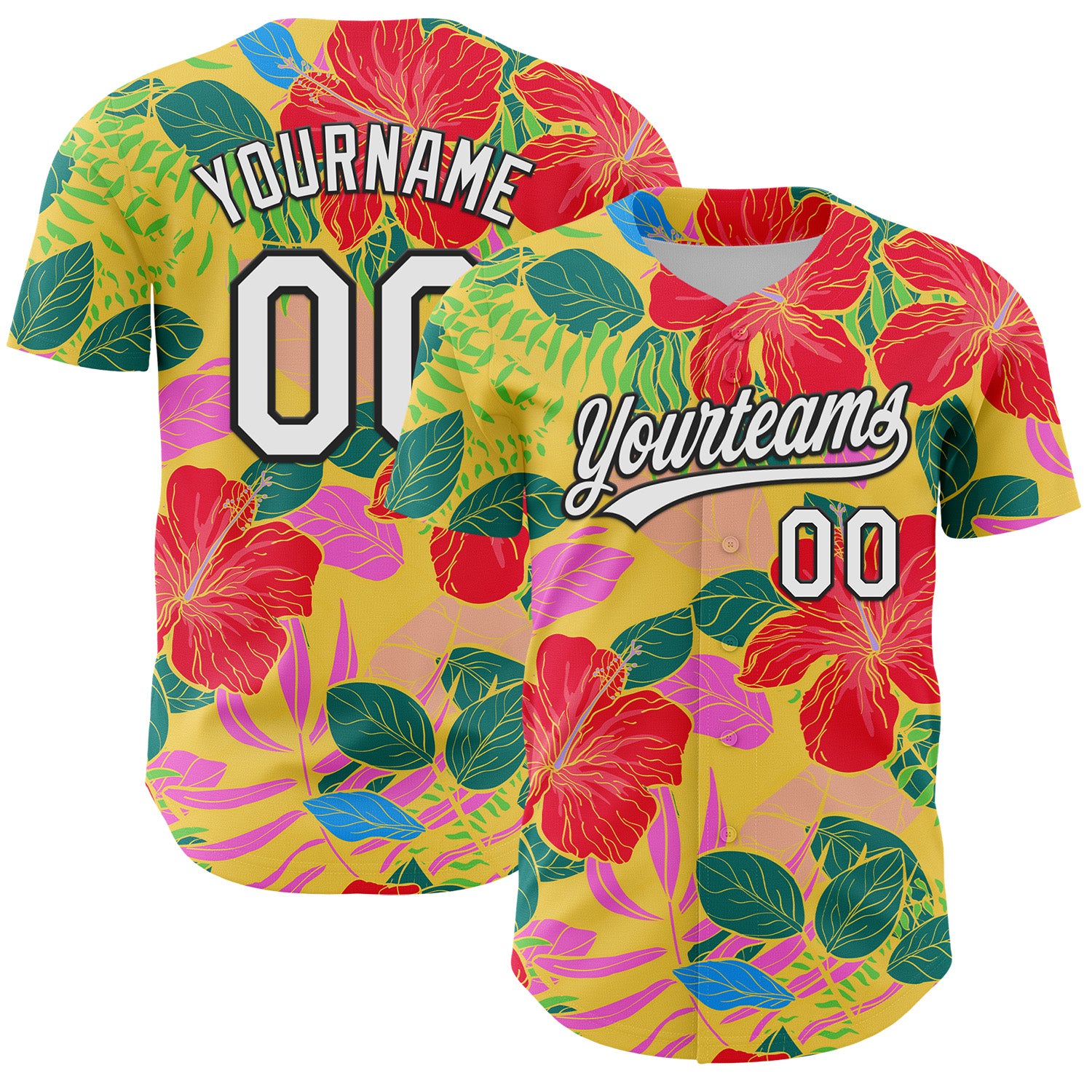 Custom Red White-Black 3D Tropical Hawaii Jungle Leaves And Flower Authentic Baseball Jersey