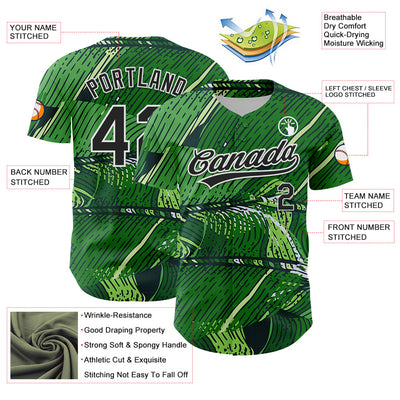 Custom Green Black-White 3D Tropical Hawaii Jungle Leaves Authentic Baseball Jersey