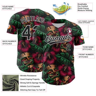 Custom Black White 3D Tropical Hawaii Jungle Leaves And Flower Authentic Baseball Jersey