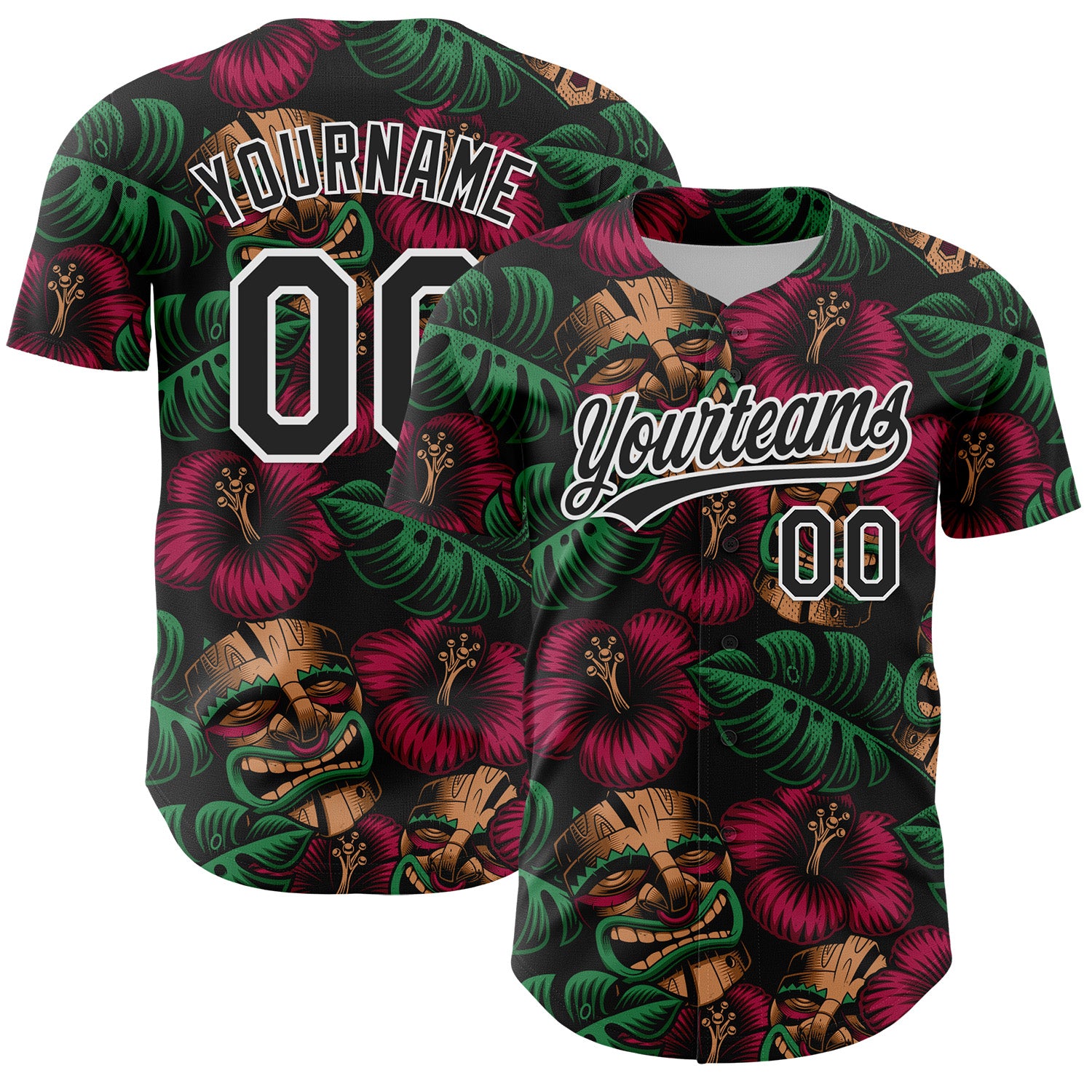 Custom Black White 3D Tropical Hawaii Jungle Leaves And Flower Authentic Baseball Jersey