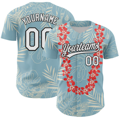 Custom Shadow Blue White-Black 3D Tropical Hawaii Leaves And Flower Authentic Baseball Jersey