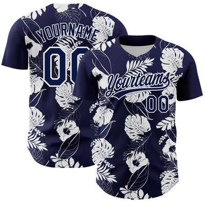 Custom Navy White 3D Tropical Hawaii Leaves And Flower Authentic Baseball Jersey