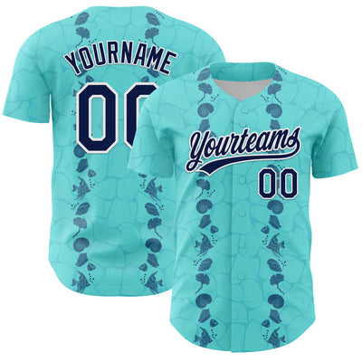 Custom Ice Blue Navy-White 3D Tropical Hawaii Style Authentic Baseball Jersey