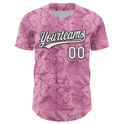 Custom Light Pink White-Black 3D Tropical Hawaii Jungle Leaves And Flower Authentic Baseball Jersey