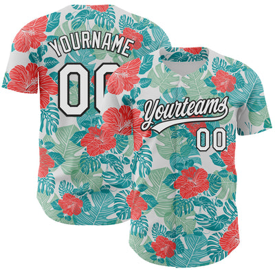 Custom White Black 3D Tropical Hawaii Jungle Leaves And Flower Authentic Baseball Jersey