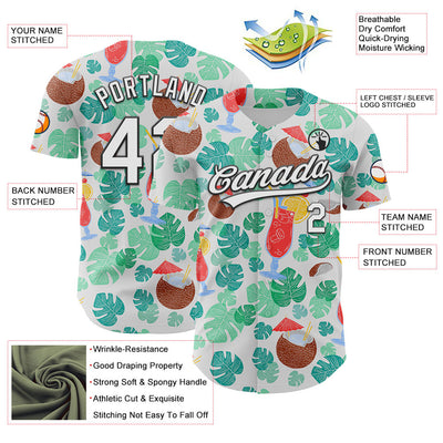 Custom White Black 3D Tropical Hawaii Jungle Leaves And Flower Authentic Baseball Jersey